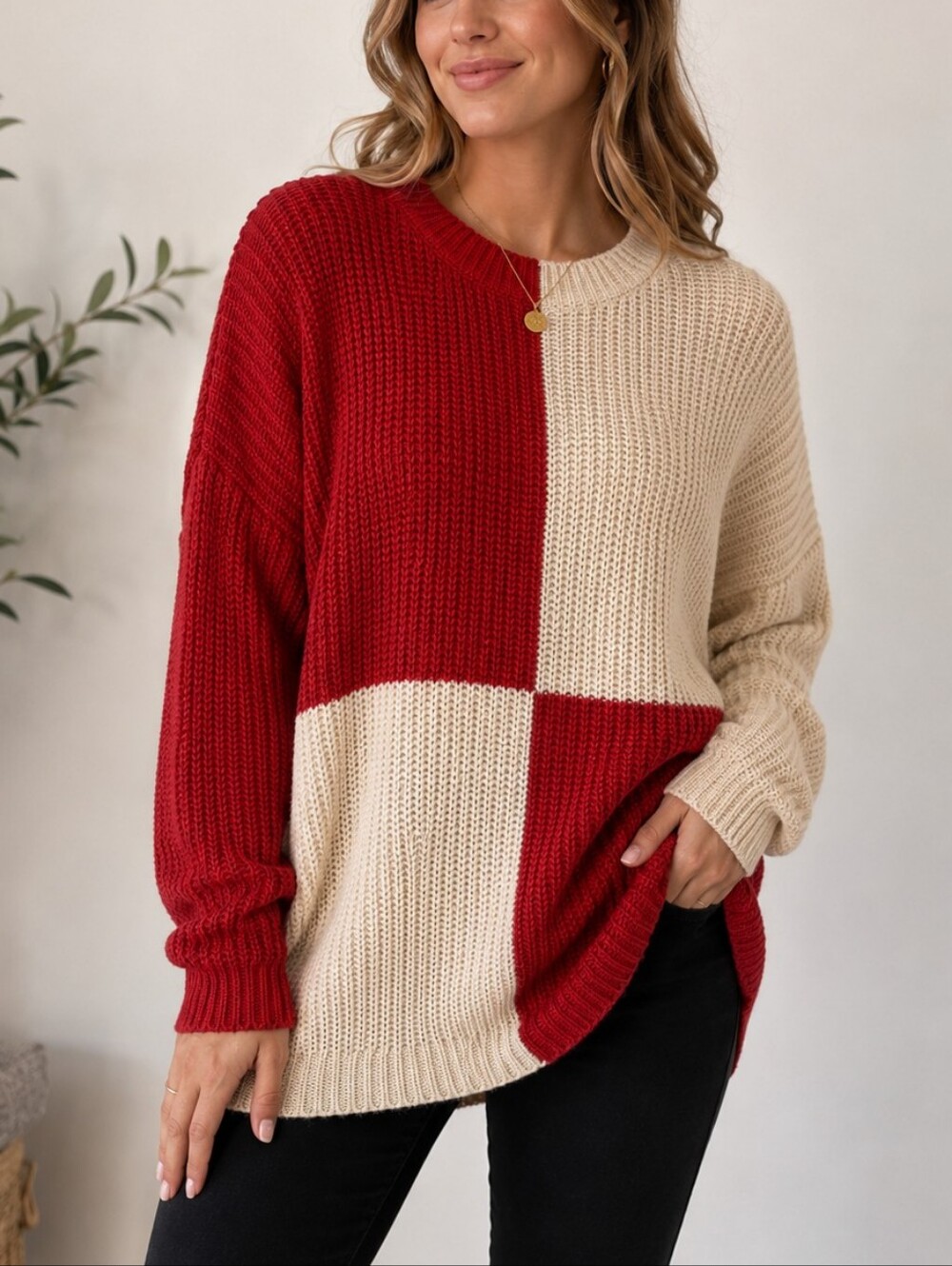 Oversized Color Block Sweater Size M Red Cream Chunky Knit  Tunic 100% Cotton